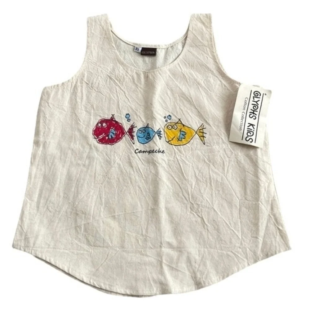 Little Blessings Girls Tank Top Size XL Beige Cream Fish Animal Print Cotton NWT